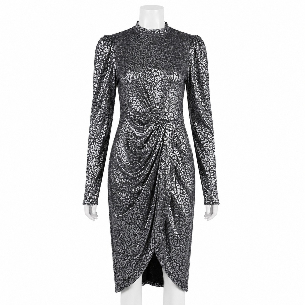 Calvin Klein Dress Womens 8 Black Silver Cheetah Leopard Print Ruched Edgy Punk